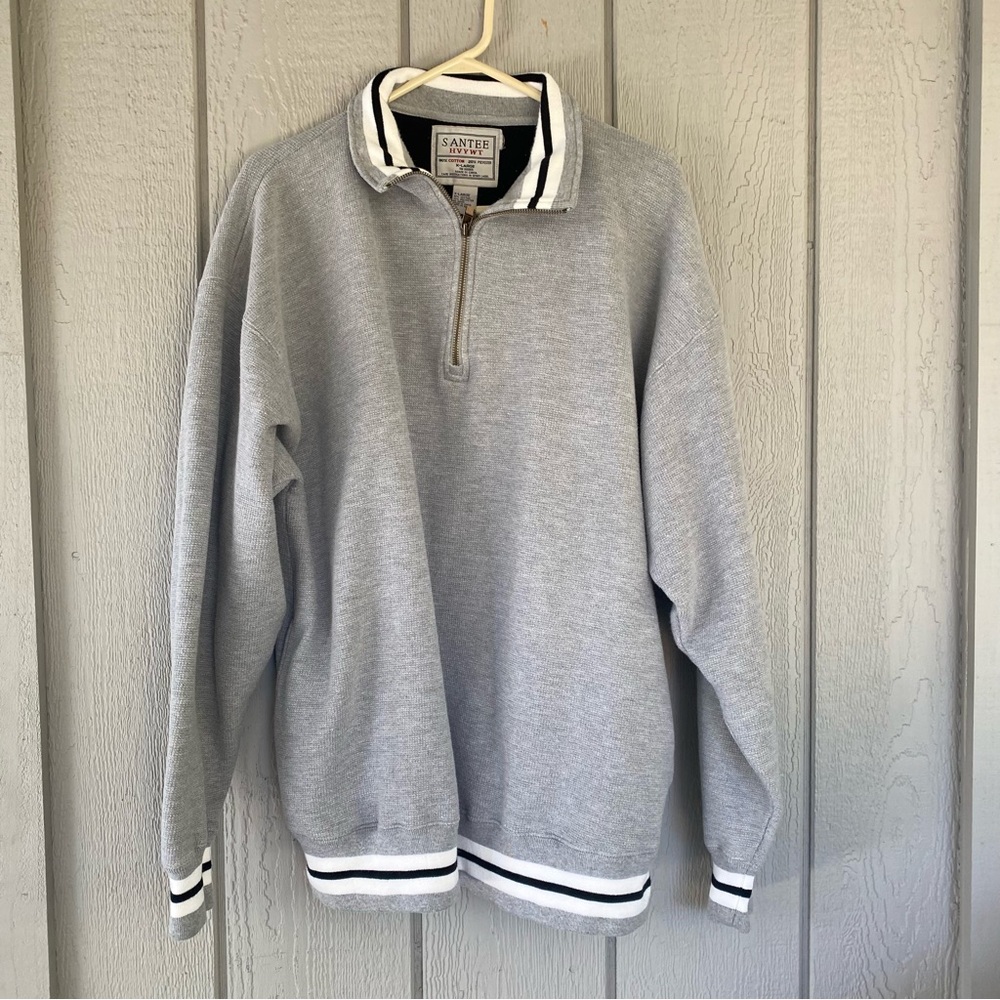 Vintage 90’s Santee Gray Zip Up Sweater w/ Classic black & white Ribbed Details